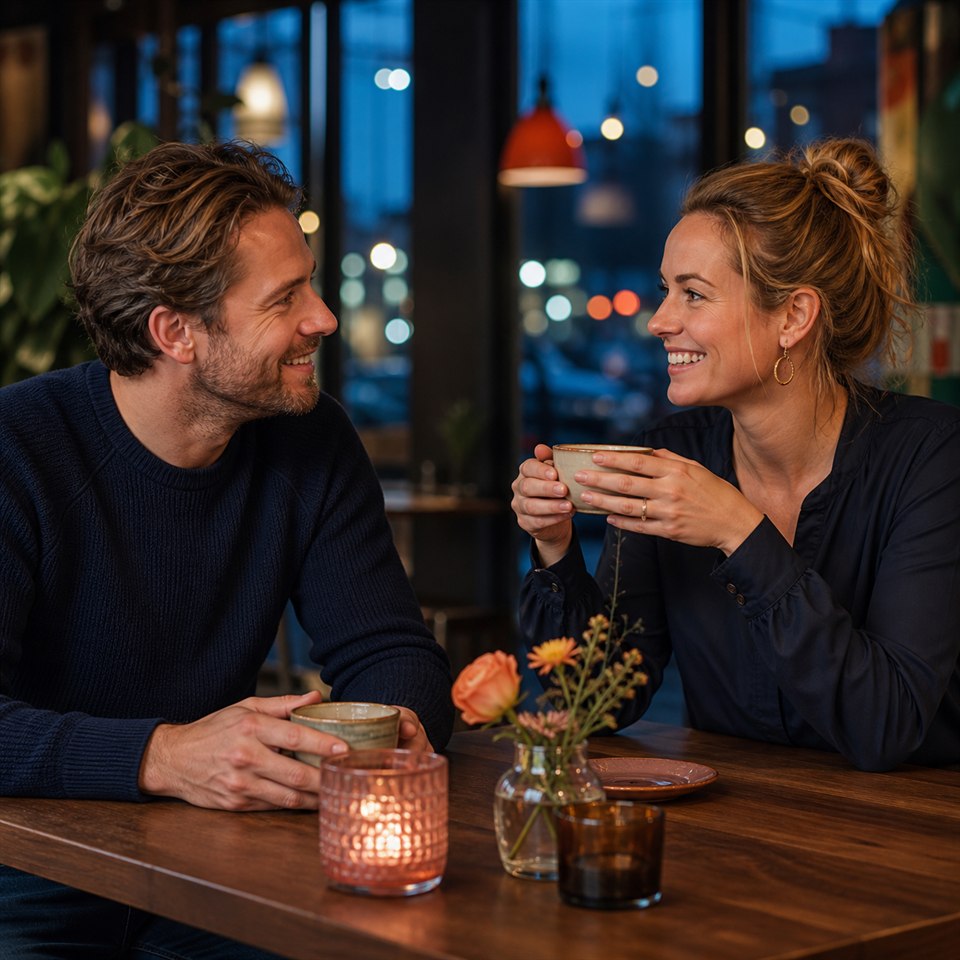 Twee volwassenen die elkaar tijdens een ontspannen afspraak leren kennen