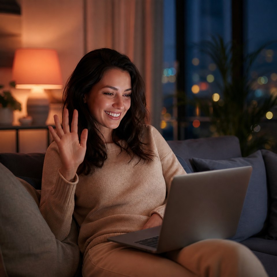 Volwassen vrouw die thuis een vriendelijk videogesprek voert